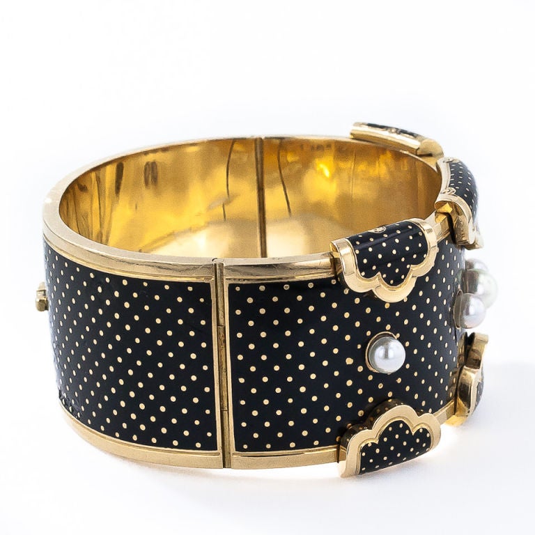 Victorian French Polka-Dot Enamel Hinged Bracelet For Sale
