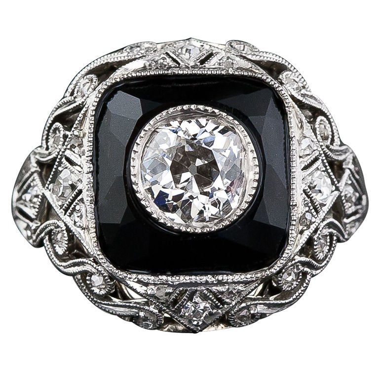 Diamond and Onyx Art Deco Ring For Sale