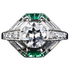 French Art Deco Diamond and Emerald Ring