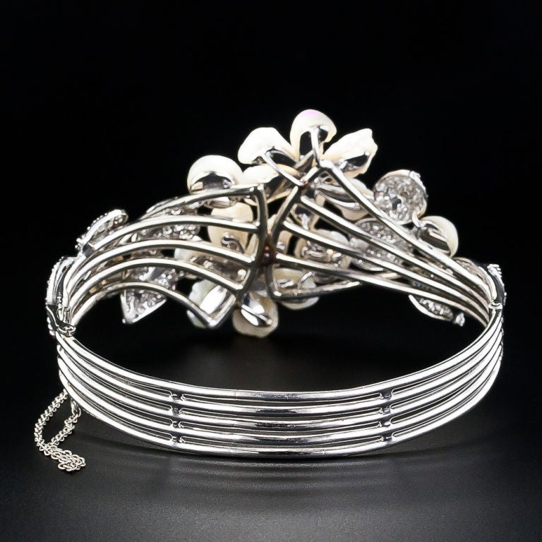 RUSER Freshwater Pearl Flowers and Diamond Leaves Bangle In Excellent Condition In San Francisco, CA