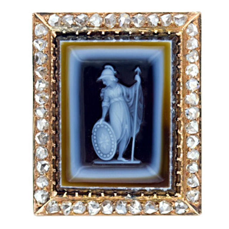 Victorian Hard Stone Sardonyx Cameo Diamond Gold Brooch For Sale