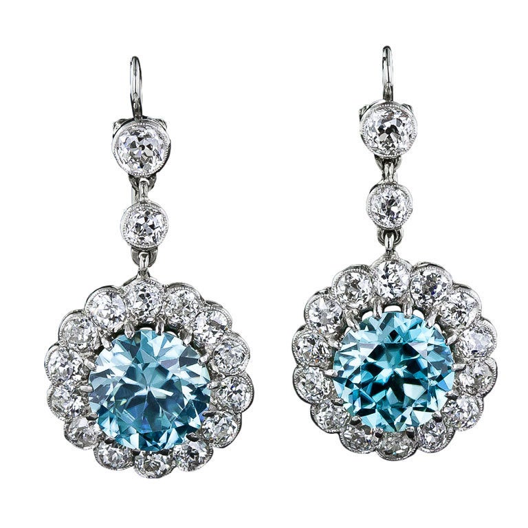 Antique Style Blue Zircon and Diamond Earrings For Sale