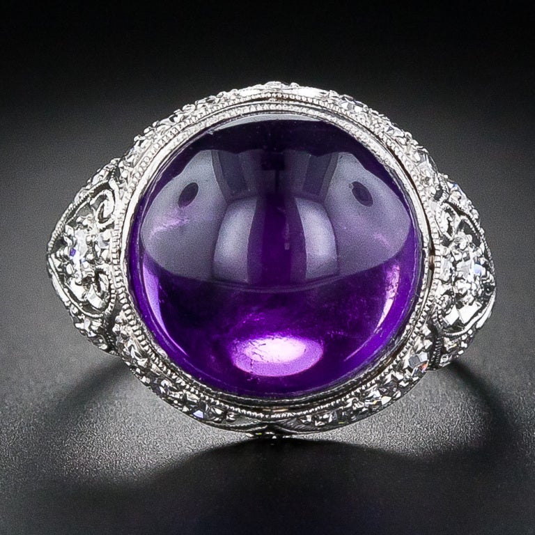 Edwardian Amethyst Cabochon Diamond Ring at 1stdibs
