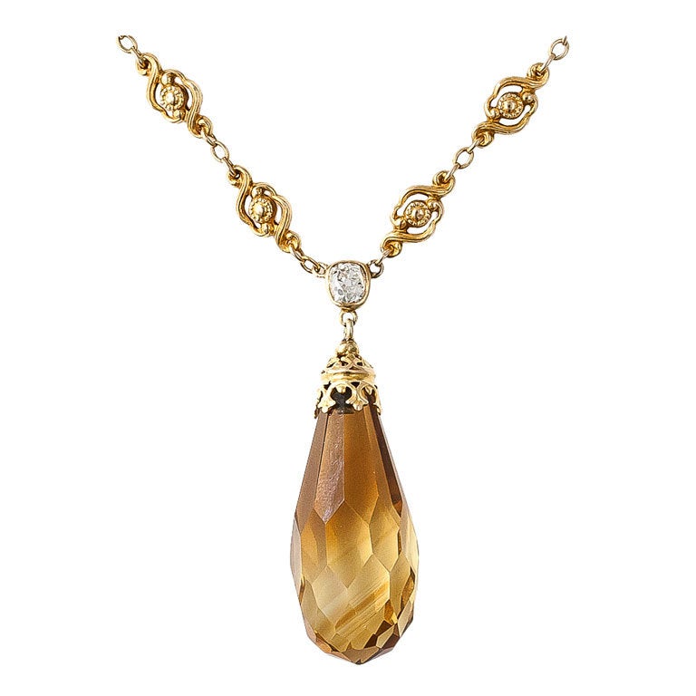 Art Nouveau Citrine Diamond Necklace For Sale