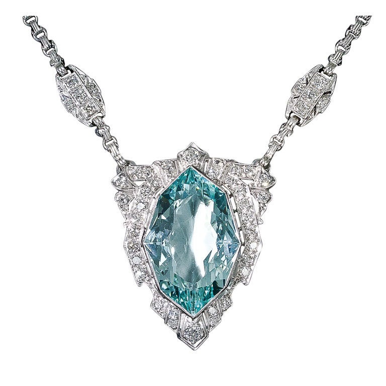 Art Deco Aquamarine Diamond Necklace For Sale