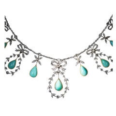Vintage Belle Epoque Turquoise Rose-Cut Diamond Platinum Necklace
