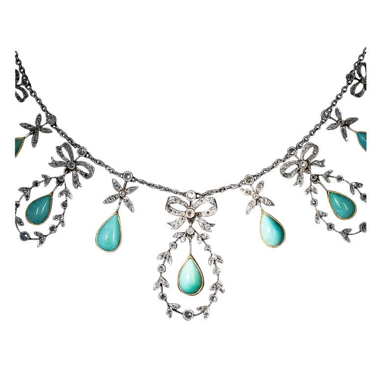 Belle Epoque Turquoise Rose-Cut Diamond Platinum Necklace