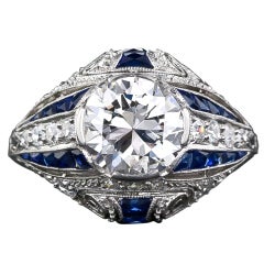1.95 Carat G-VS1 Art Deco Diamond and Calibre Sapphire Ring