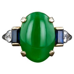 Art Deco Natural Jade, Diamond and Sapphire Ring