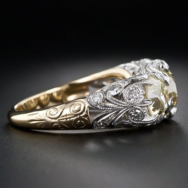 3.70 Carats Three-Stone Fancy Yellow Edwardian Style Diamond Ring - GIA In Excellent Condition For Sale In San Francisco, CA