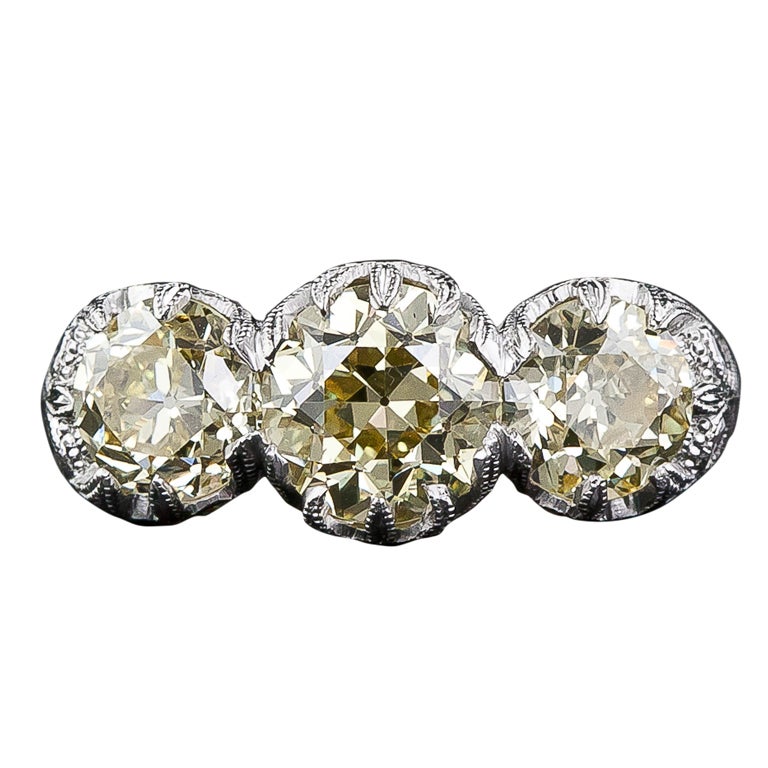 3.70 Carats Three-Stone Fancy Yellow Edwardian Style Diamond Ring - GIA For Sale