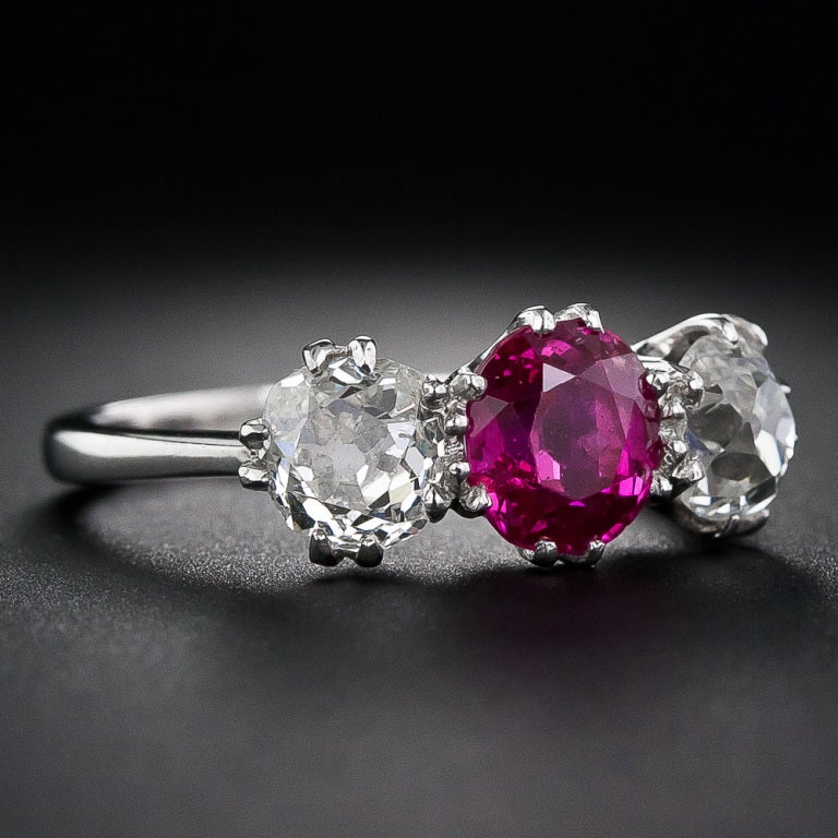 Natural Unheated Burmese Ruby and Diamond Three Stone Ring