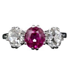 Natural Unheated Burmese Ruby and Diamond Three Stone Ring