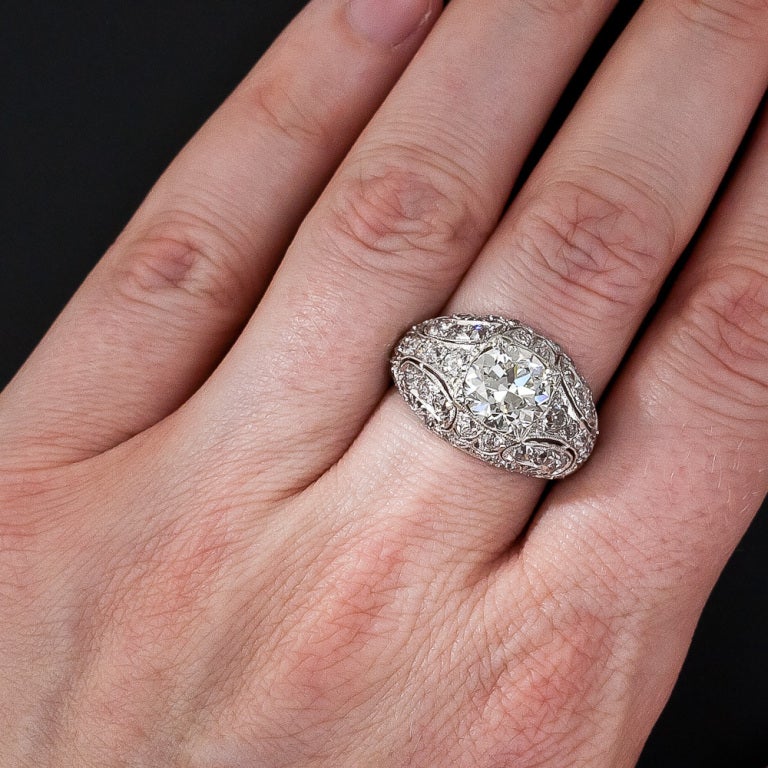 Women's 2.43 Carat Center Antique Diamond Bombe Ring For Sale