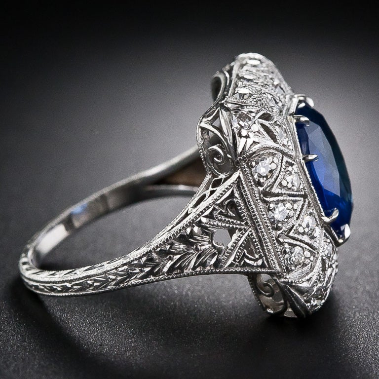 Art Deco Sapphire and Diamond FIligree Ring For Sale