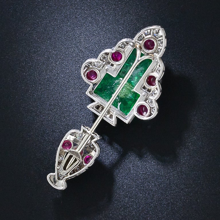 Women's Art Deco Carved Emerald Ruby, Diamond and Enamel Jabot Pin