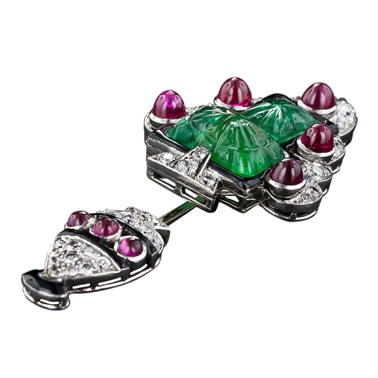 Art Deco Carved Emerald Ruby, Diamond and Enamel Jabot Pin