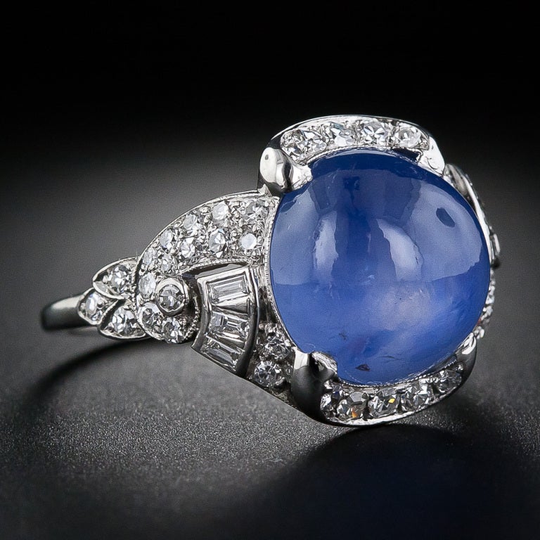 Women's 15 Carat Blue Star Sapphire and Diamond Art Deco Ring