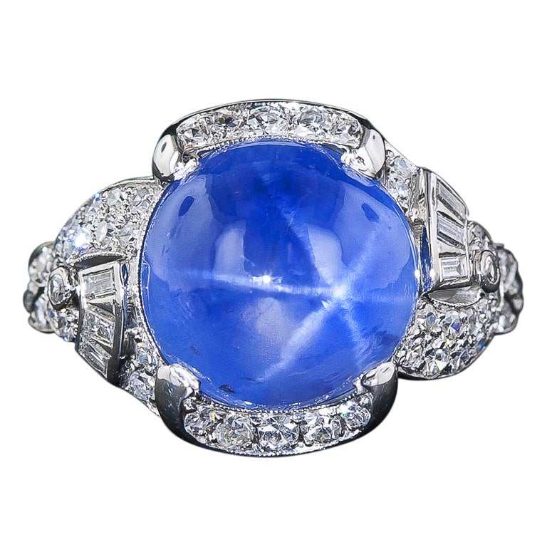 15 Carat Blue Star Sapphire and Diamond Art Deco Ring