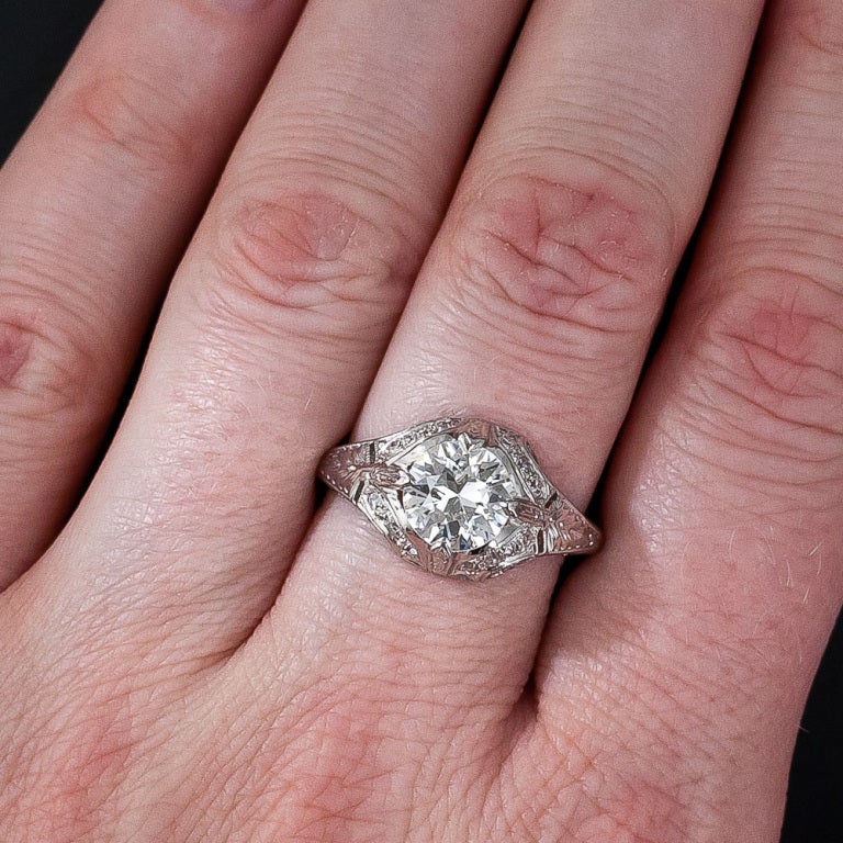 1.48 Carat European-Cut Diamond Art Deco Engagement Ring For Sale 1