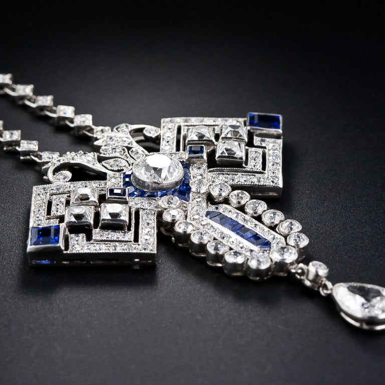 Art Deco Diamond and Sapphire Pendant Necklace 1