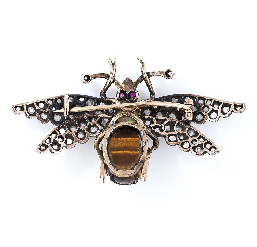 Victorian Diamond, Tiger's Eye, Opal and Ruby Bee Pin