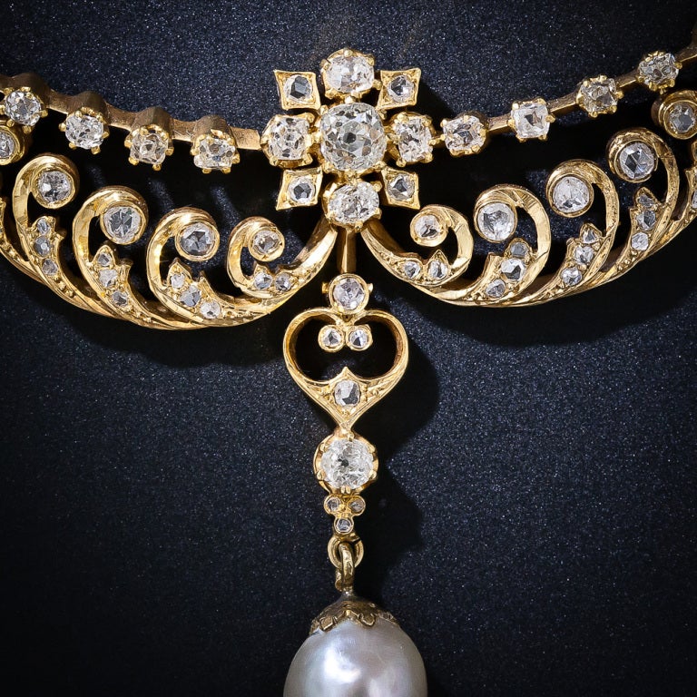 Victorian Antique Diamond and Pearl Necklace For Sale