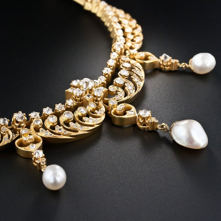 Antique Diamond and Pearl Necklace In Excellent Condition For Sale In San Francisco, CA