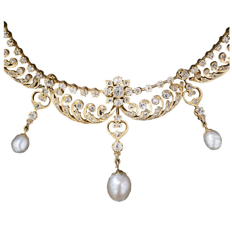 Antique Diamond and Pearl Necklace For Sale