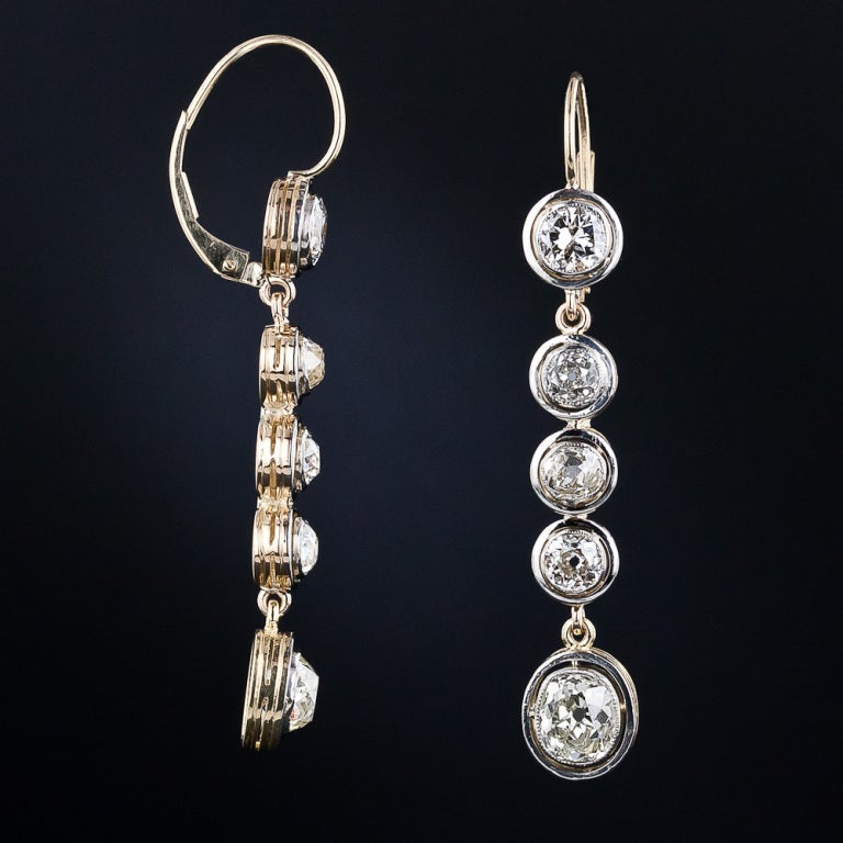 Long Antique CushionCut Diamond Drop Earrings For Sale at 1stdibs