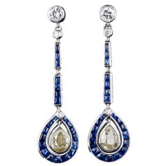 Art Deco Natural Yellow Diamond and Sapphire Ear Pendants