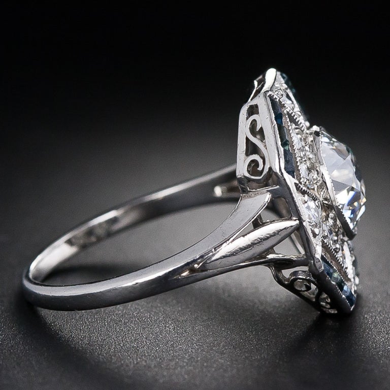 1.28 Carat Diamond and Calibre Sapphire Art Deco Ring In Excellent Condition In San Francisco, CA