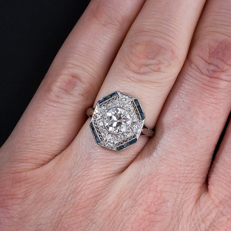 1.28 Carat Diamond and Calibre Sapphire Art Deco Ring 2