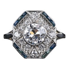 1.28 Carat Diamond and Calibre Sapphire Art Deco Ring