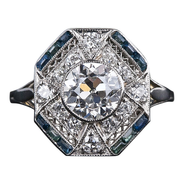 1.28 Carat Diamond and Calibre Sapphire Art Deco Ring