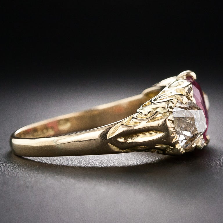 English Pink Sapphire and Diamond Three-Stone Ring In Excellent Condition For Sale In San Francisco, CA