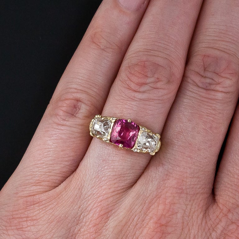 English Pink Sapphire and Diamond Three-Stone Ring For Sale 1