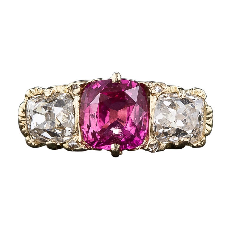 English Pink Sapphire and Diamond Three-Stone Ring For Sale