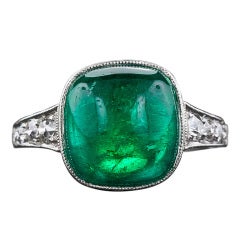 5.00 Carat Cabochon Emerald and Platinum Diamond Art Deco Ring