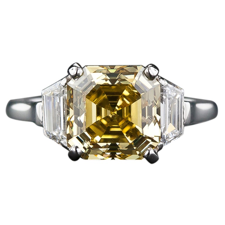 3.65 Carat Asscher-Cut Fancy Deep Orangy Yellow Diamond Ring - GIA For Sale