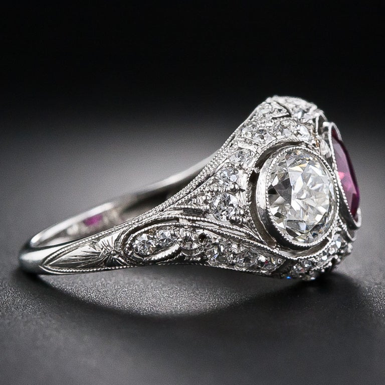 Edwardian Style Platinum Ruby and Diamond Ring In Excellent Condition For Sale In San Francisco, CA