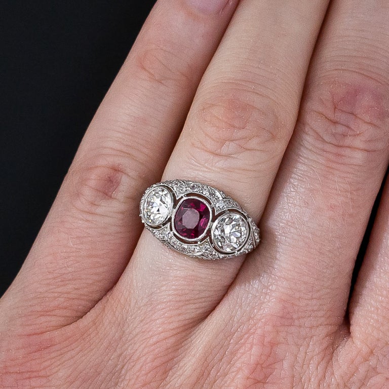 Edwardian Style Platinum Ruby and Diamond Ring For Sale 1
