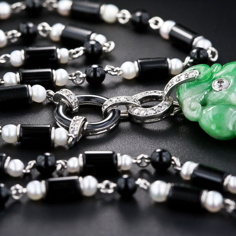 Women's or Men's Art Deco Natural Jade Diamond Onyx and Pearl Necklace For Sale