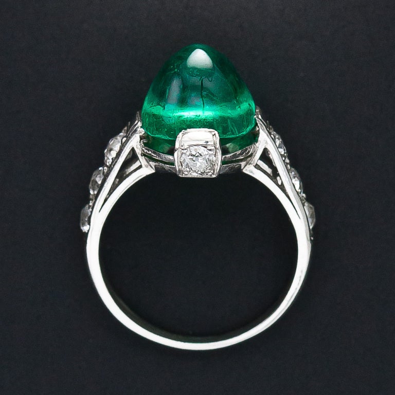 Art Deco Cabochon Emerald and Diamond Ring at 1stDibs