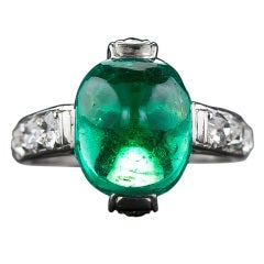 Antique Art Deco Cabochon Emerald and Diamond Ring