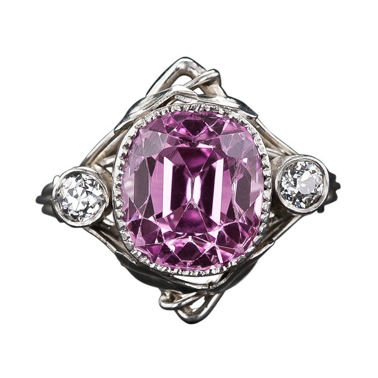 7.40 Carat Arts & Crafts Cushion-Cut Natural Pink Sapphire Ring in Platinum For Sale