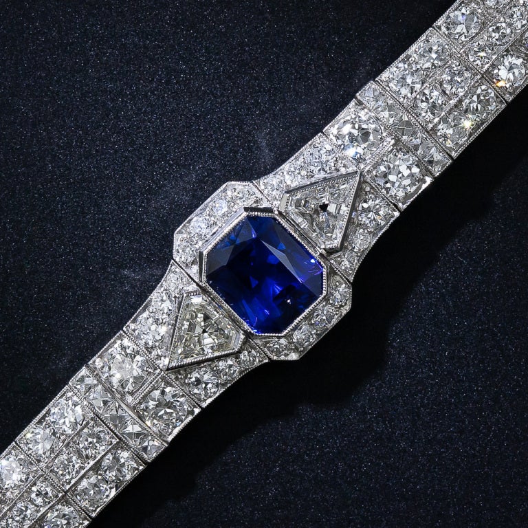 Women's 5.00 Carat Sapphire Center Art Deco Diamond Bracelet For Sale