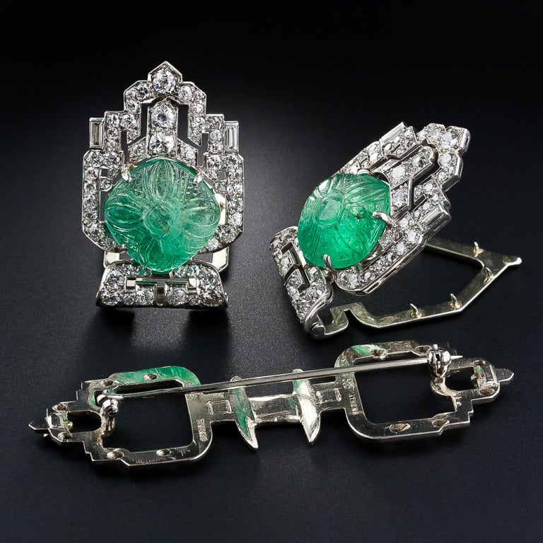 Women's Art Deco Moghul Emerald and Diamond Clips and Brooch