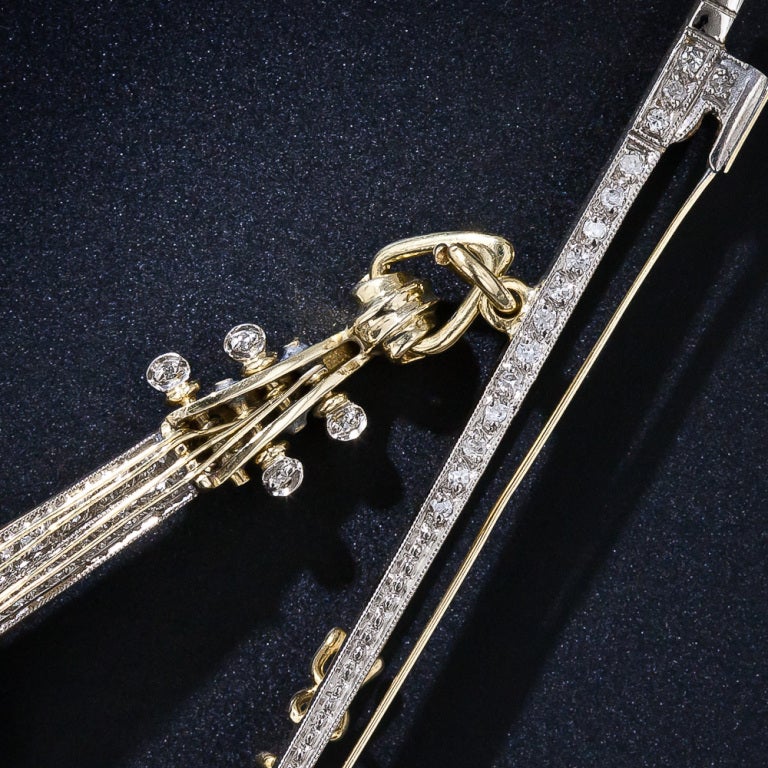 Women's Enamel and Diamond Violin and Bow Brooch For Sale