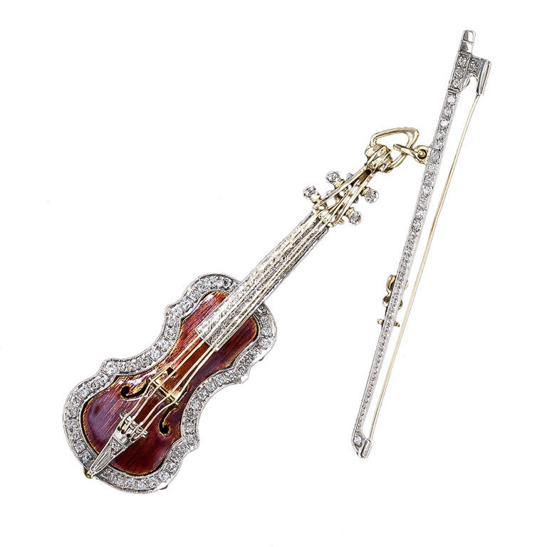 Enamel and Diamond Violin and Bow Brooch For Sale